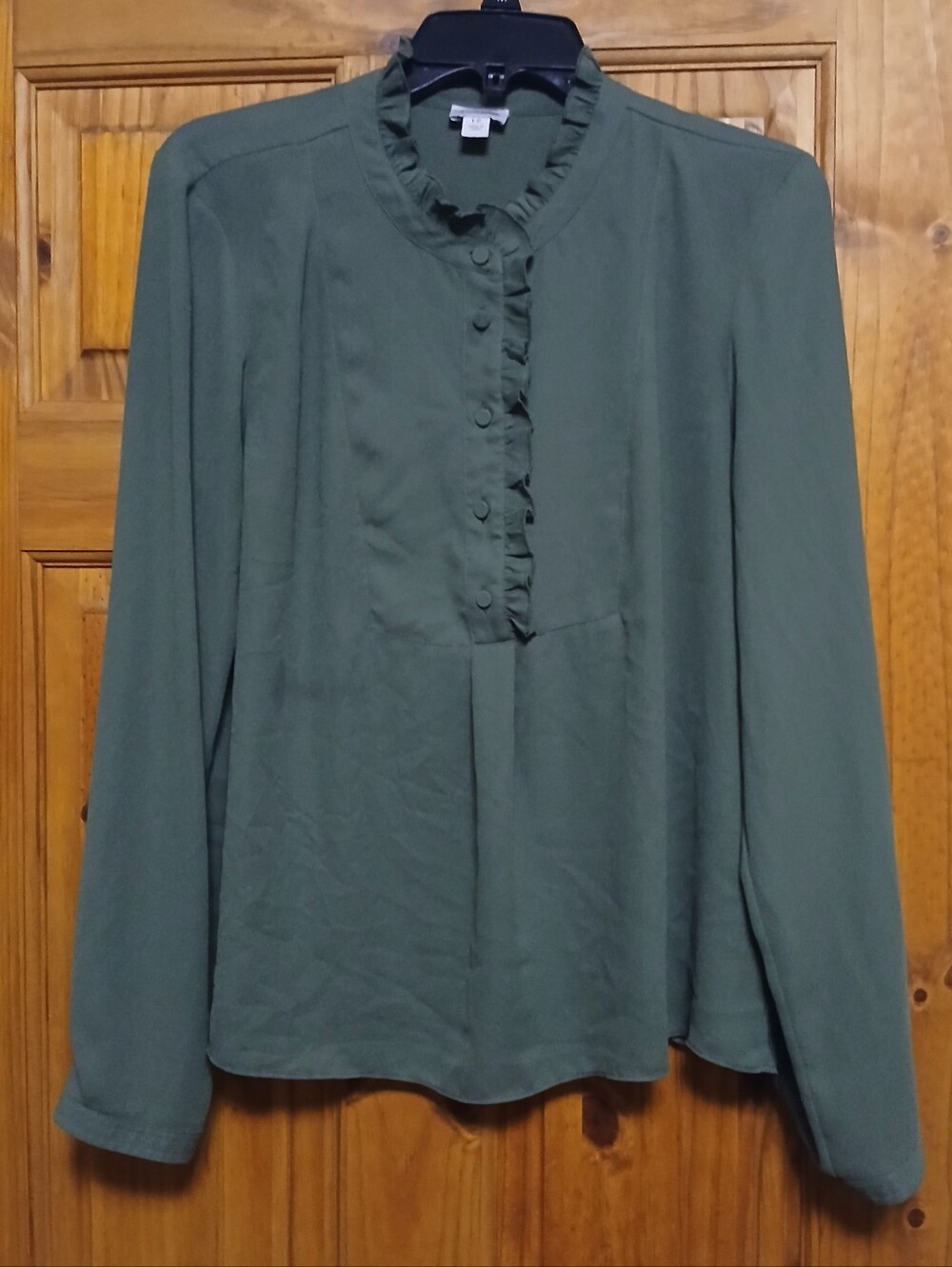 J. Crew Olive Green Ruffle Front Button Blouse